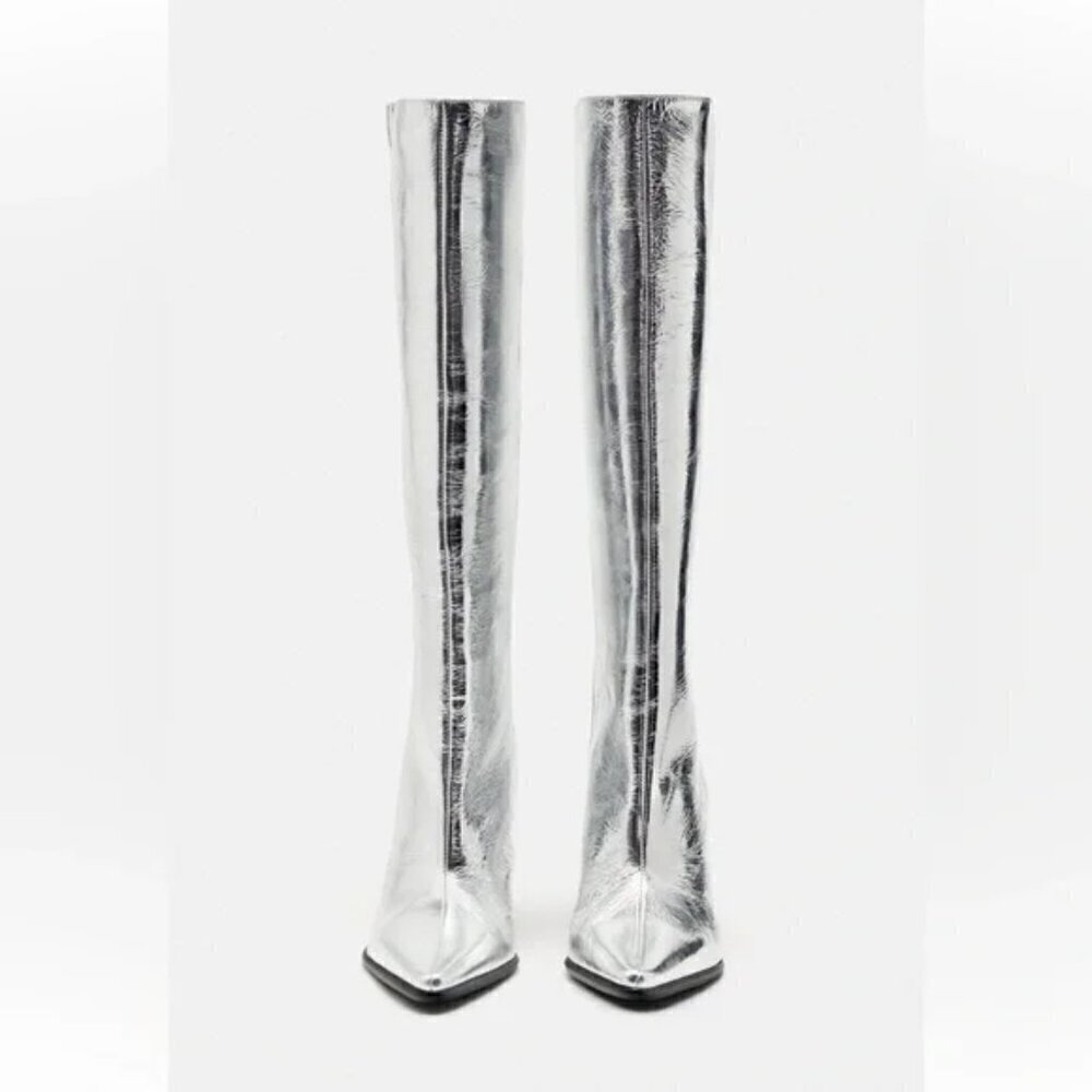 ZARA 100% LEATHER METALLIC HEELED KNEE HIGH BOOTS - Picture 9 of 13